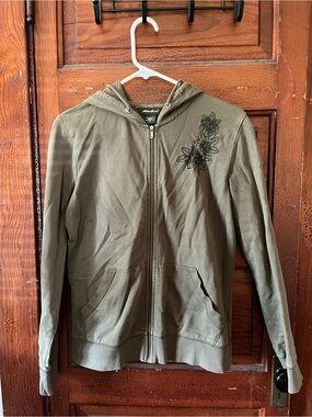 Eddie Bauer Olive Green Full-Zip Women’s Hoodie with Floral Embroidery